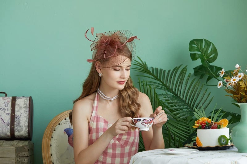 Cizoe Fascinators Hats 20s 50s Hat Pillbox Hat Cocktail Tea Party Headwear with Veil for Girls and Women(D-coffee) - Image 5