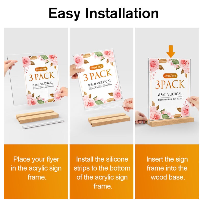 MaxGear L/T Shape Acrylic Sign Holder, 8.5 X 11 Clear Table Display Stand with Wooden Base, Flyer Menu Holder Photo Frames Paper Stand for Office, Wedding, Restaurants, Hotels 3 Pack - Image 4