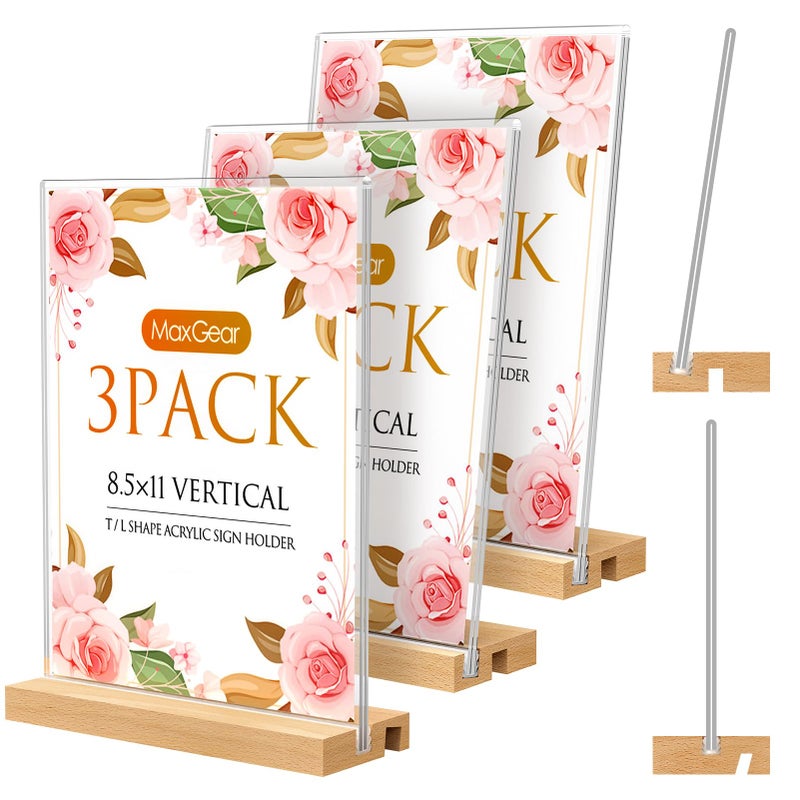 MaxGear L/T Shape Acrylic Sign Holder, 8.5 X 11 Clear Table Display Stand with Wooden Base, Flyer Menu Holder Photo Frames Paper Stand for Office, Wedding, Restaurants, Hotels 3 Pack - Image 1