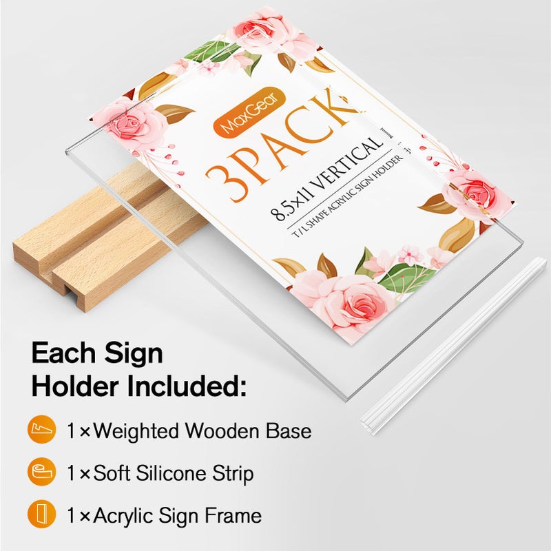 MaxGear L/T Shape Acrylic Sign Holder, 8.5 X 11 Clear Table Display Stand with Wooden Base, Flyer Menu Holder Photo Frames Paper Stand for Office, Wedding, Restaurants, Hotels 3 Pack - Image 3