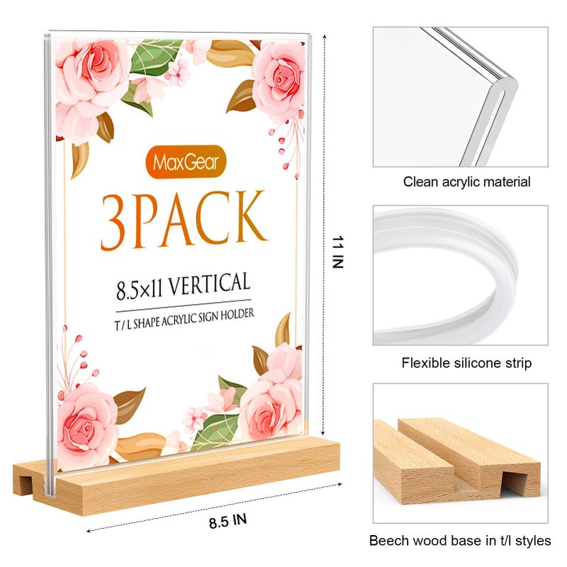 MaxGear L/T Shape Acrylic Sign Holder, 8.5 X 11 Clear Table Display Stand with Wooden Base, Flyer Menu Holder Photo Frames Paper Stand for Office, Wedding, Restaurants, Hotels 3 Pack - Image 2