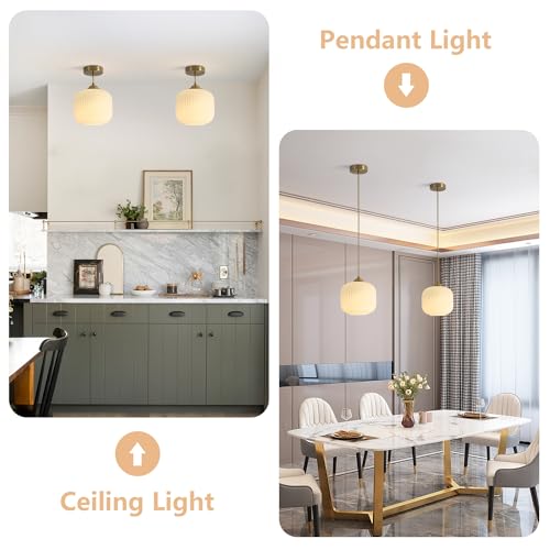 KCO Lighting Mid Century Modern Gold White Pendant Light Milk Glass Globe Pendant Lights Kitchen Island Antique Brass Pendant Light Vintage Hanging Light Fixture for Dining Room Living Room (2-Pack) - Image 3