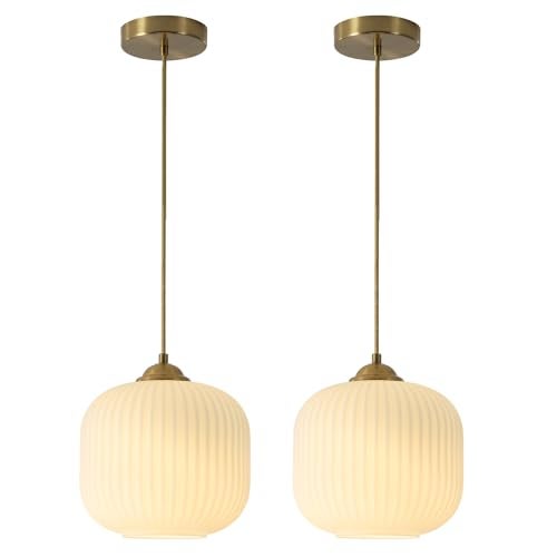 KCO Lighting Mid Century Modern Gold White Pendant Light Milk Glass Globe Pendant Lights Kitchen Island Antique Brass Pendant Light Vintage Hanging Light Fixture for Dining Room Living Room (2-Pack) - Image 1