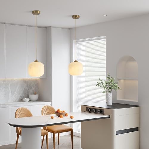KCO Lighting Mid Century Modern Gold White Pendant Light Milk Glass Globe Pendant Lights Kitchen Island Antique Brass Pendant Light Vintage Hanging Light Fixture for Dining Room Living Room (2-Pack) - Image 5