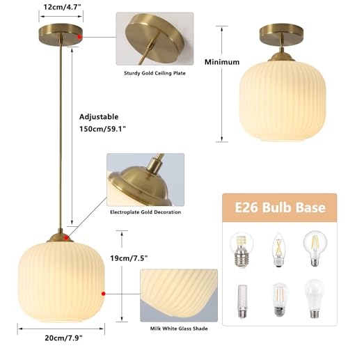 KCO Lighting Mid Century Modern Gold White Pendant Light Milk Glass Globe Pendant Lights Kitchen Island Antique Brass Pendant Light Vintage Hanging Light Fixture for Dining Room Living Room (2-Pack) - Image 2