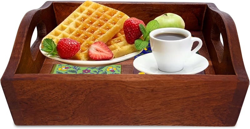 Craft Trade Mango Wood Serving Tray with Handle and 4 Fitted Floral Ceramic Tiles Wooden Platters Perfect for Breakfast Tea Coffee Snacks Dinner 23x23x8 cm Square - Image 1
