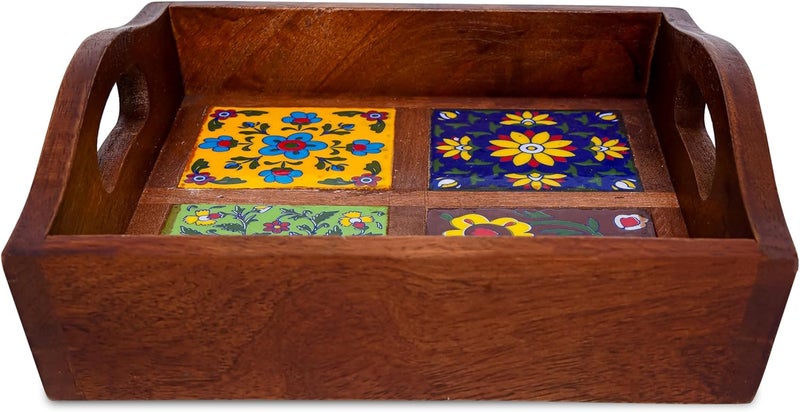 Craft Trade Mango Wood Serving Tray with Handle and 4 Fitted Floral Ceramic Tiles Wooden Platters Perfect for Breakfast Tea Coffee Snacks Dinner 23x23x8 cm Square - Image 2