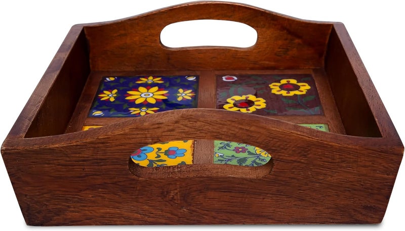 Craft Trade Mango Wood Serving Tray with Handle and 4 Fitted Floral Ceramic Tiles Wooden Platters Perfect for Breakfast Tea Coffee Snacks Dinner 23x23x8 cm Square - Image 3