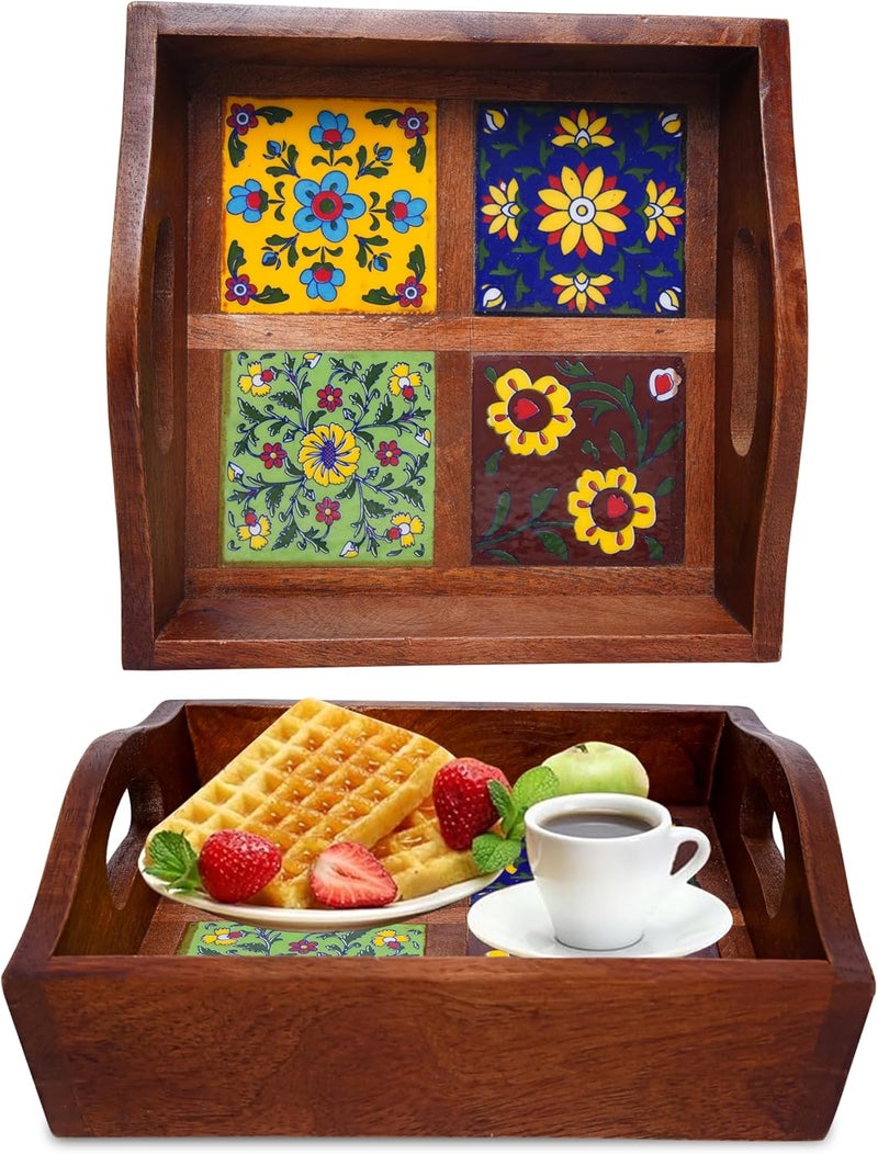 Craft Trade Mango Wood Serving Tray with Handle and 4 Fitted Floral Ceramic Tiles Wooden Platters Perfect for Breakfast Tea Coffee Snacks Dinner 23x23x8 cm Square - Image 4
