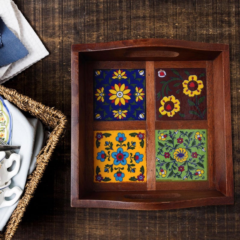 Craft Trade Mango Wood Serving Tray with Handle and 4 Fitted Floral Ceramic Tiles Wooden Platters Perfect for Breakfast Tea Coffee Snacks Dinner 23x23x8 cm Square - Image 5