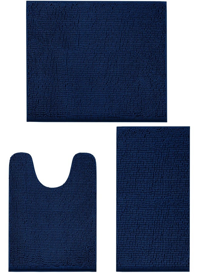 LINLA 3 Pieces Bathroom Rug Set, Absorbent Non Slip Chenille Bath mat, Thick Plush Chenille Carpet Mats Set,Washable Dry Quickly with U-Shaped Toilet Mat for Tub, Shower（Navy Blue） - Image 1