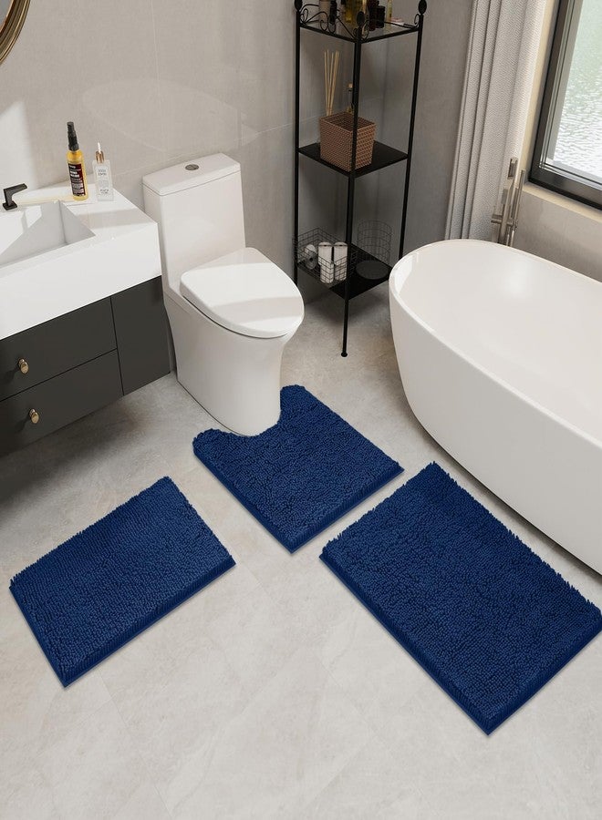 LINLA 3 Pieces Bathroom Rug Set, Absorbent Non Slip Chenille Bath mat, Thick Plush Chenille Carpet Mats Set,Washable Dry Quickly with U-Shaped Toilet Mat for Tub, Shower（Navy Blue） - Image 2