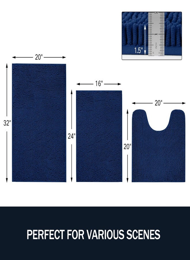 LINLA 3 Pieces Bathroom Rug Set, Absorbent Non Slip Chenille Bath mat, Thick Plush Chenille Carpet Mats Set,Washable Dry Quickly with U-Shaped Toilet Mat for Tub, Shower（Navy Blue） - Image 3