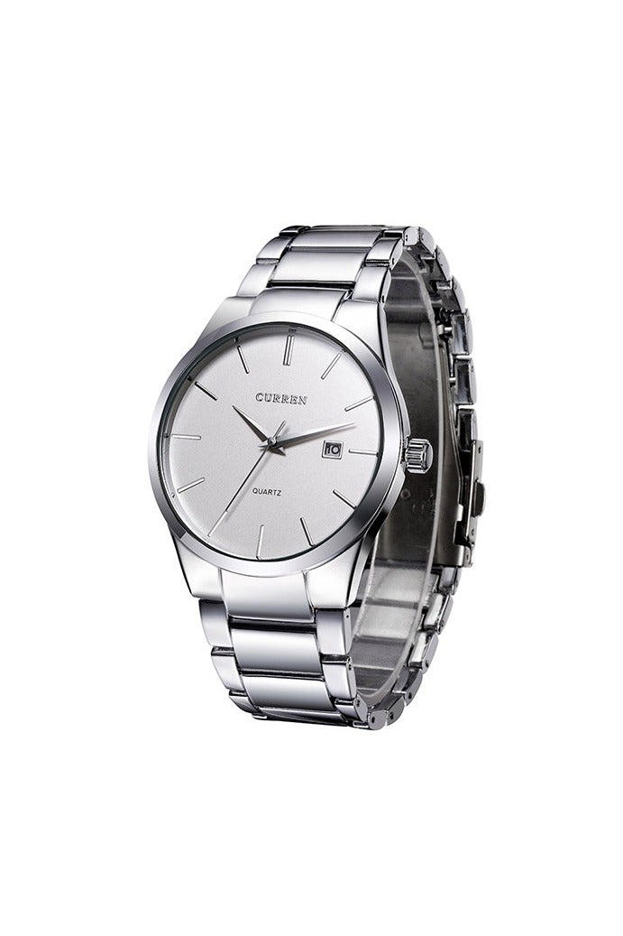 CURREN Men's Watches Classic Black/Silver Steel Band Quartz Analog Wrist Watch with Date for Man (Silver White) - Image 1