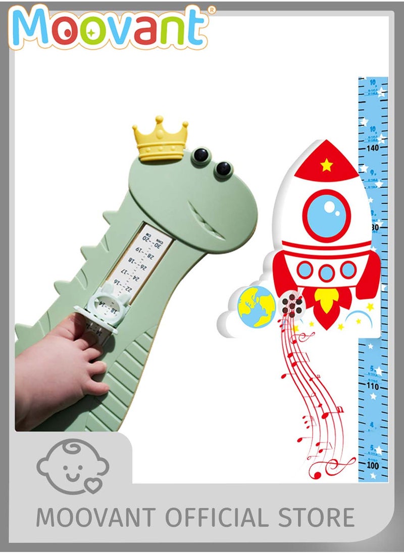 Moovant 2PCS Baby Foot Measuring & Height Ruler, Shoe Measuring Devices, 3D Smart Wall Sticker Height Measurement with Music, Adjustable Feet Measuring Ruler for Baby Toddlers, Green Dinosaur  - Image 1