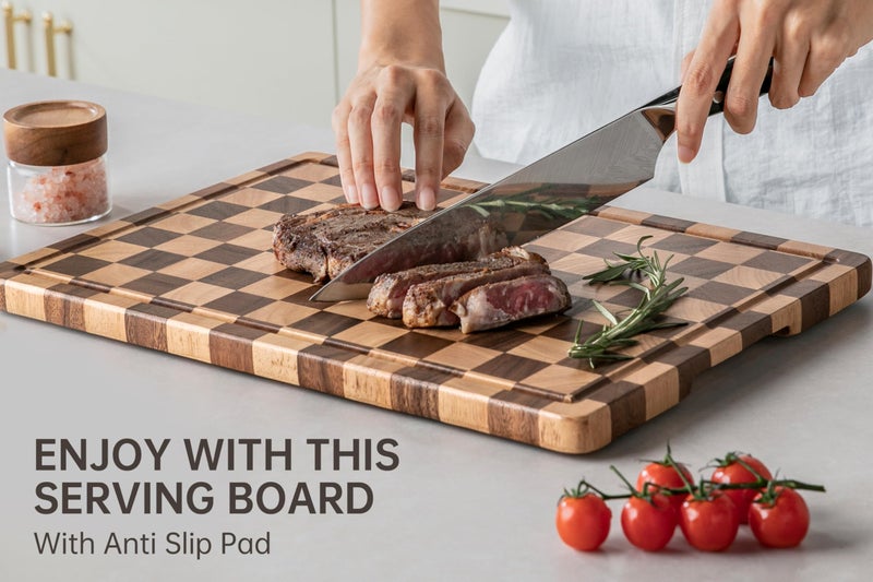 THETCHRY Cutting Boards for Kitchen, Checkered Cutting Board Upgraded, Acacia Wood Chopping Board with Juice Grooves & Handles, Large Butcher Block Serving Tray with Gift Box, 17"X12"X0.8" - Image 5