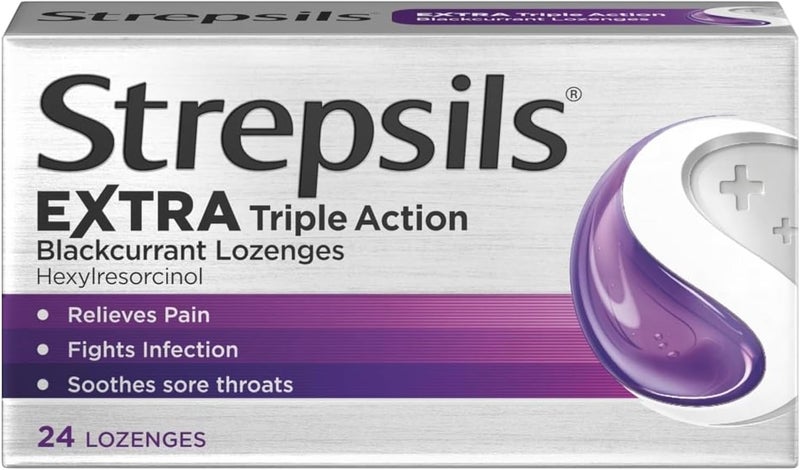 Strepsils Extra Triple Action Lozenges Blackcurrant 24 Count Soothes Sore Throat Pain Relief Numbs Relieves Germs Fast Acting Up To 2 Hours Medication - Image 1