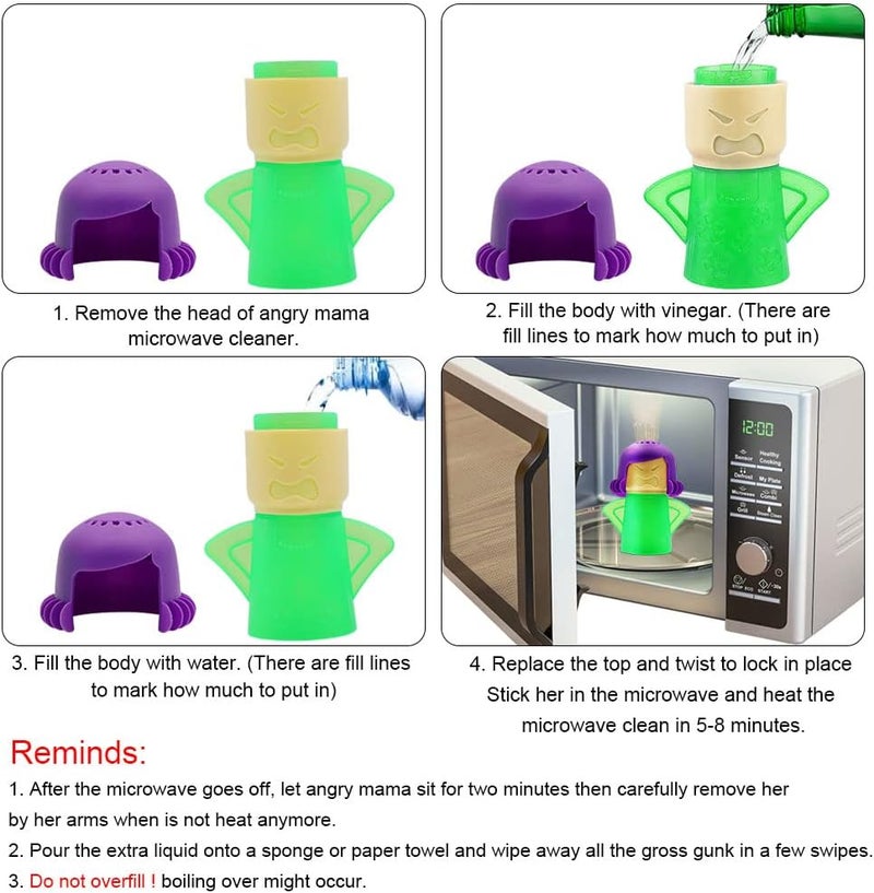 Abnaok Microwave Cleaner, Angry Mama Microwave Cleaner Microwave Oven Steam Cleaner Easily Clean in Minutes Cleans Add Vinegar and Water for Home or Office with English Manual (Green) - Image 4