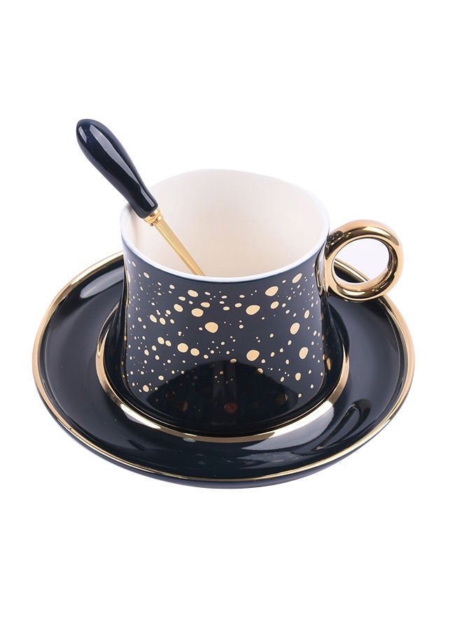 NIBEMINENT 3-Piece Ceramic Tea Cup And Saucer Set With Spoon Dark Blue/Gold 240ml - Image 1