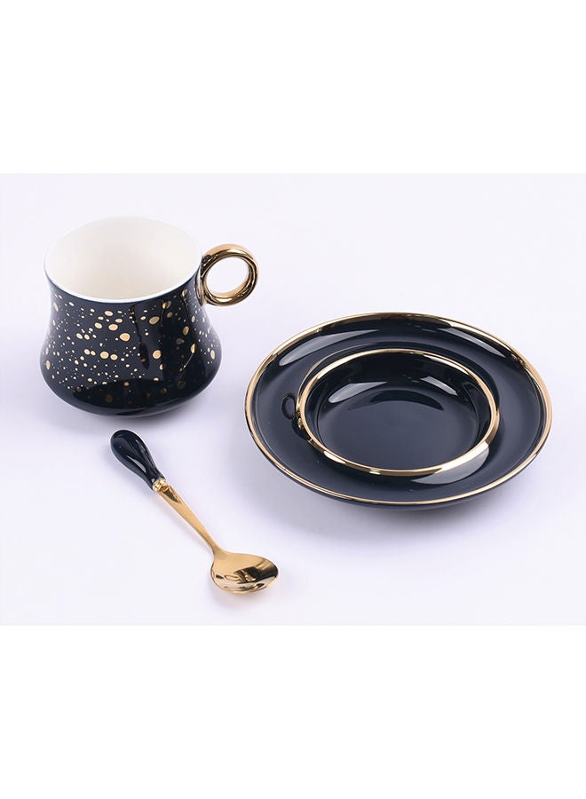NIBEMINENT 3-Piece Ceramic Tea Cup And Saucer Set With Spoon Dark Blue/Gold 240ml - Image 3