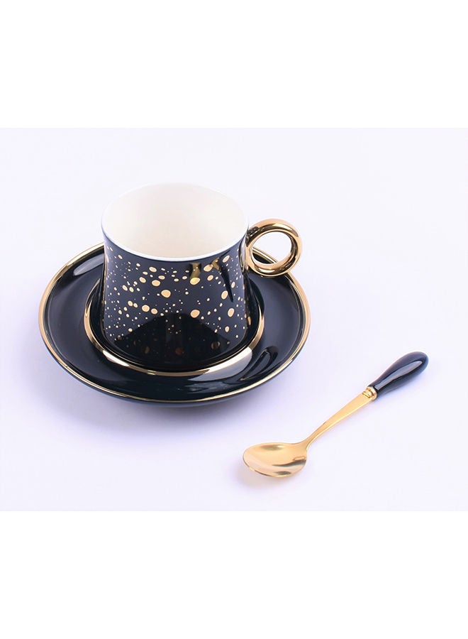 NIBEMINENT 3-Piece Ceramic Tea Cup And Saucer Set With Spoon Dark Blue/Gold 240ml - Image 2