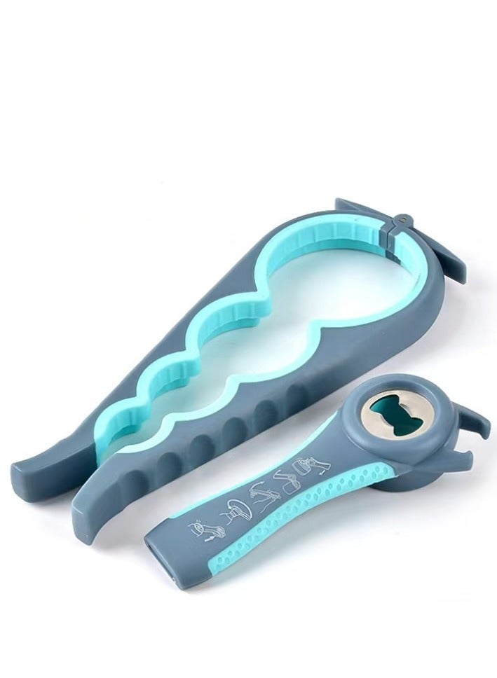 فتاحة علب، فتاحة زجاجات متعددة الوظائف 5 في 1، فتاحة غطاء للأيدي المصابة بالتهاب المفاصل مع وسادات قبضة فتاحة علب مطاطية مضادة للانزلاق (مجموعة من 2، أزرق)