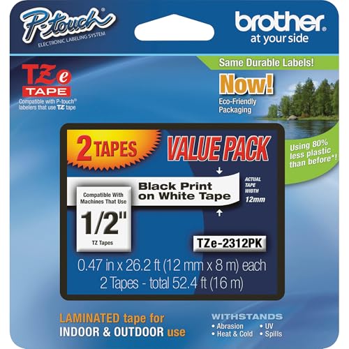 Brother Genuine P-Touch, TZe-231 2 Pack Tape (TZE2312PK) ½”(0.47”) x 26.2 ft. (8m) 2 Count (Pack of 1) Laminated P-Touch Tape, Black on White - Image 1
