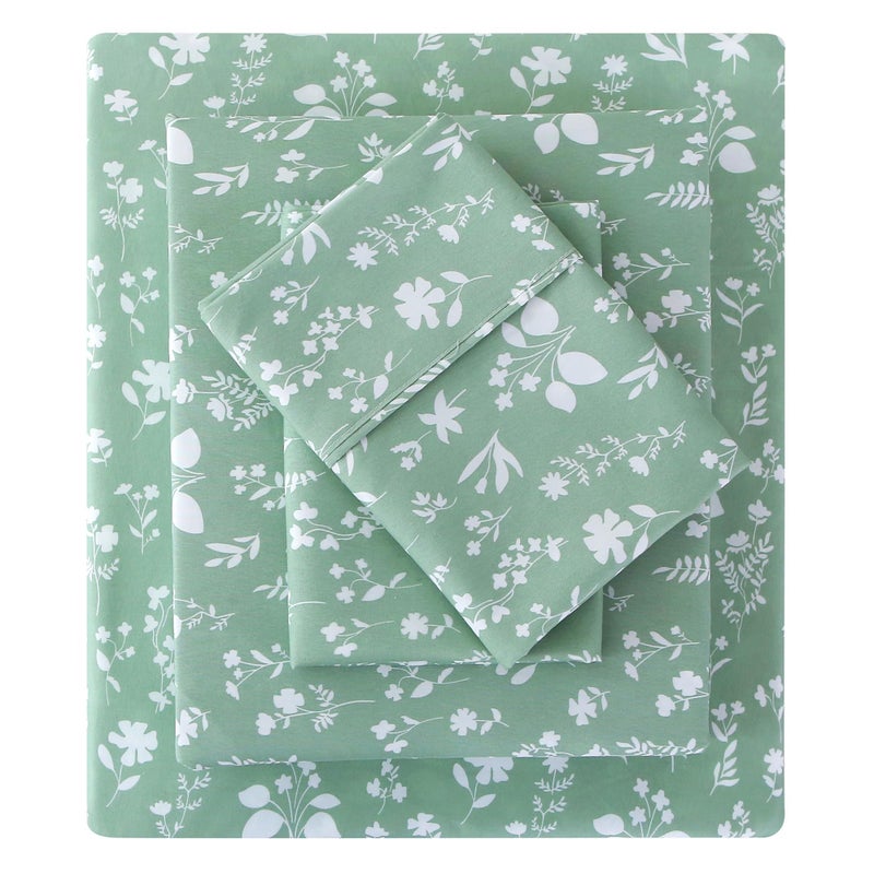 Viviland Sage Green Queen Sheet Set - 4 Piece Vintage Green Flower Patterned Bed Sheets - Soft, Breathable Microfiber Floral Sheets with Deep Pocket, Non-Slip Fitted Sheets & Pillowcases - Image 1