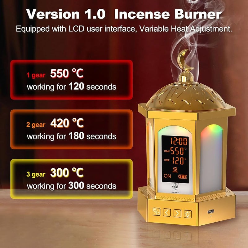 السلامة مشعل عطور بخور دائم الأمد كهربائي، حامل بخور عربي مزود بشاشة LED و3 إعدادات للحرارة (500℃/120 ثانية - 300℃/300 ثانية) للاستخدام المنزلي أو المكتبي - مناسب للمنازل الإسلامية - Image 2