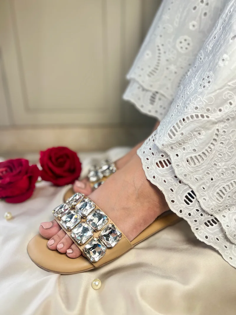 Sandal Stories Beige Crystal Slide Sandals for Women
