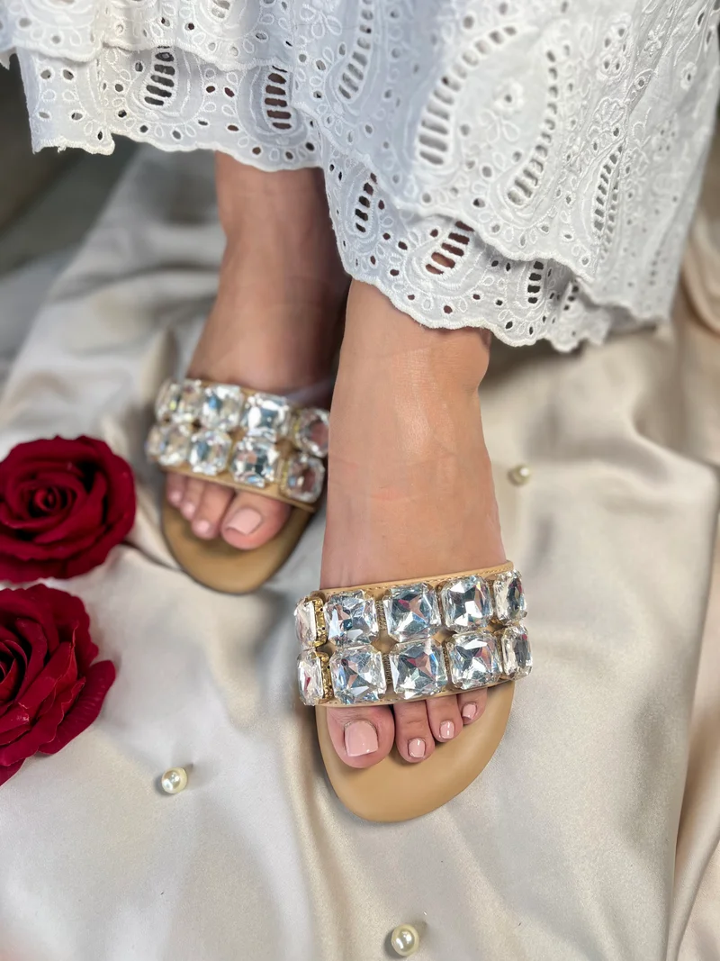 Sandal Stories Beige Crystal Slide Sandals for Women