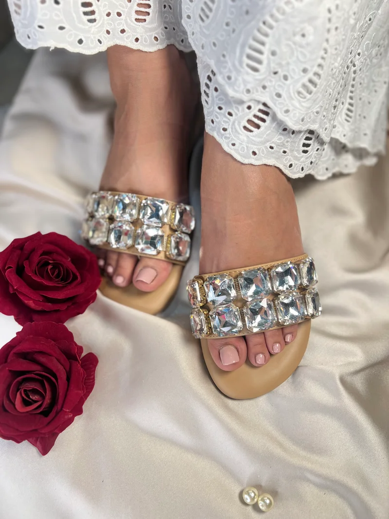 Sandal Stories Beige Crystal Slide Sandals for Women