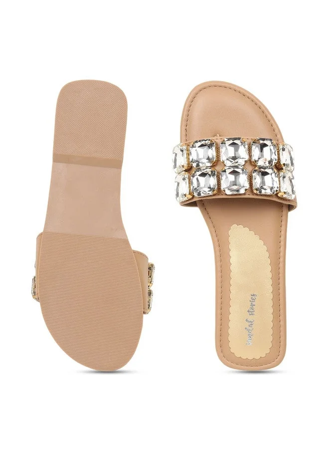 Sandal Stories SANDAL STORIES Women's Beige Open Toe Flats with Bows and Cushioned Footbed