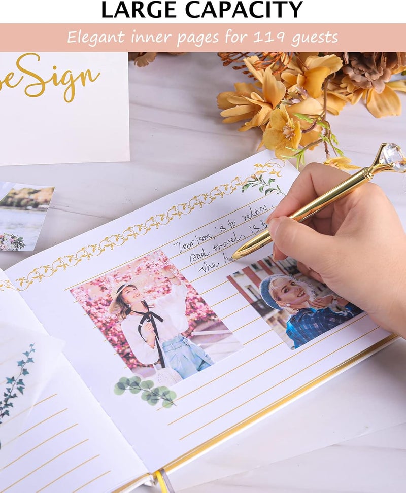 FECIBOE Store كتاب ضيوف الزفاف - كتاب ضيوف حفل الزفاف مع أقلام - 9x7'' ألبوم صور ضيوف الزفاف المخصص - غلاف صلب بلمسة ذهبية وحواف مطلية بالذهب، لحفلات الزفاف، حفلات استقبال المواليد، الحفلات - Image 5