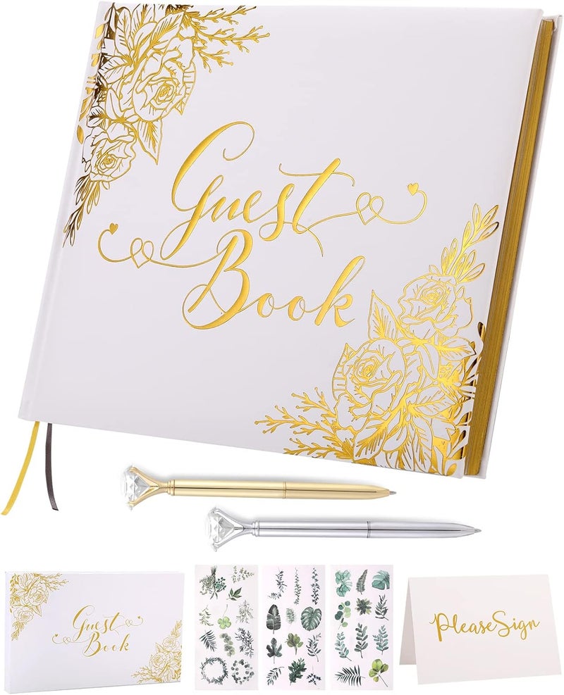 FECIBOE Store كتاب ضيوف الزفاف - كتاب ضيوف حفل الزفاف مع أقلام - 9x7'' ألبوم صور ضيوف الزفاف المخصص - غلاف صلب بلمسة ذهبية وحواف مطلية بالذهب، لحفلات الزفاف، حفلات استقبال المواليد، الحفلات - Image 1