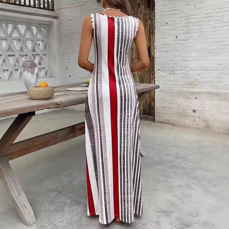 Summer Elegant Printed Striped Sleeveless Dress - Image 4