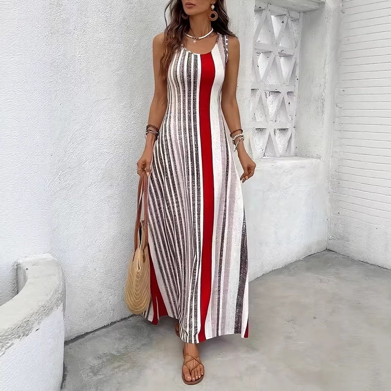 Summer Elegant Printed Striped Sleeveless Dress - Image 1