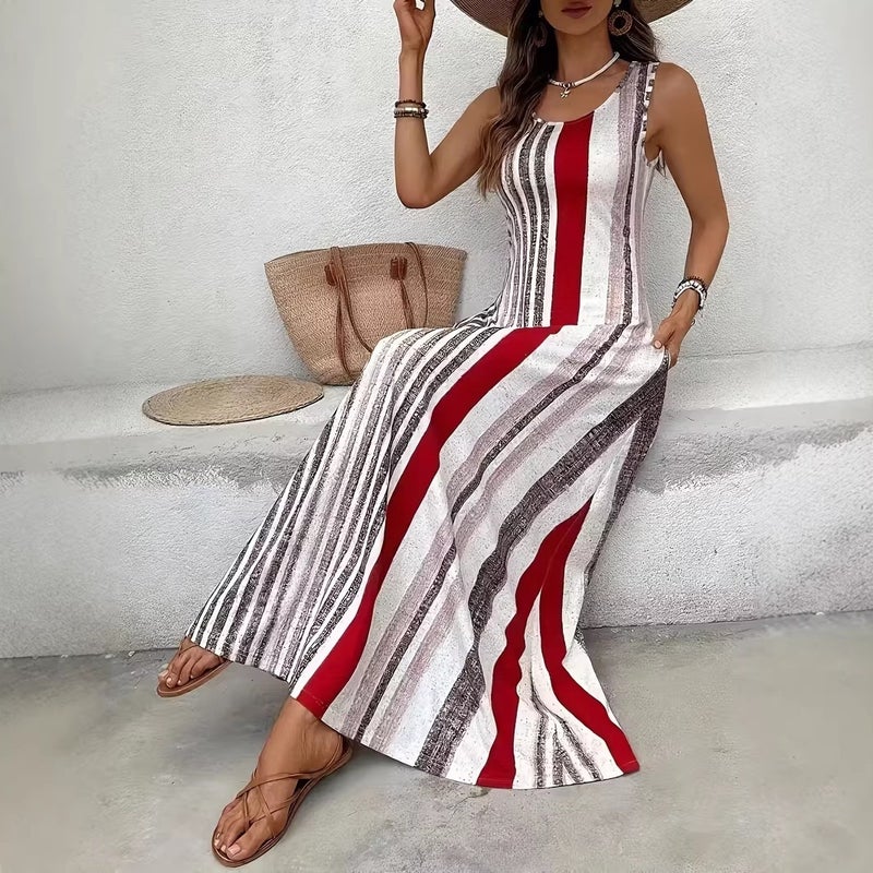Summer Elegant Printed Striped Sleeveless Dress - Image 3