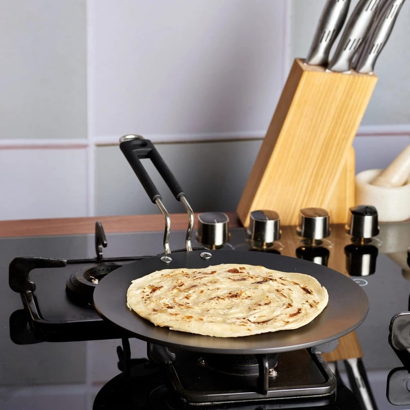 FLIXBLOOM FLIXBLOOM Perfect Flat Hard Anodized Tawa Tava Wider Base Stainless Steel Handle Roti Tava Induction Base Tawa for Roti Paratha Chapati Phulka Omelette Color Black  - Image 1
