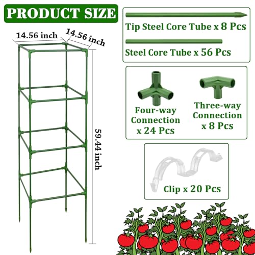 ZeeDix 2 Pack Heavy Duty Tomato Cages for Garden 60 Inches, Square Adjustable Tomato Trellis Cage Climbing Plant Support Trellis Plant Cages for Climbing Vegetables Flowers with 20Pcs Clips - Image 2