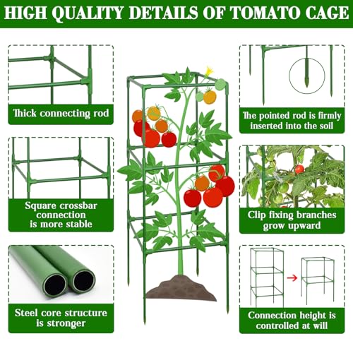 ZeeDix 2 Pack Heavy Duty Tomato Cages for Garden 60 Inches, Square Adjustable Tomato Trellis Cage Climbing Plant Support Trellis Plant Cages for Climbing Vegetables Flowers with 20Pcs Clips - Image 5