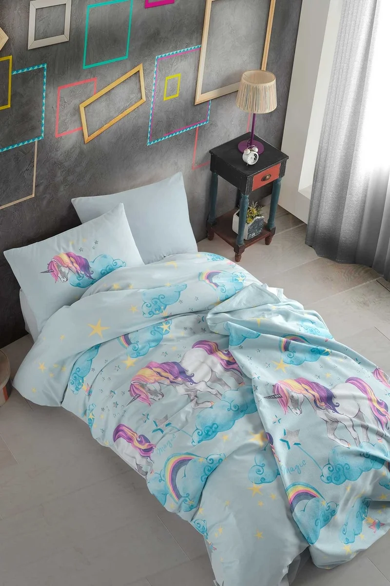 Cotton Life Fancy Single Duvet Cover Set - Unicorn Mint
