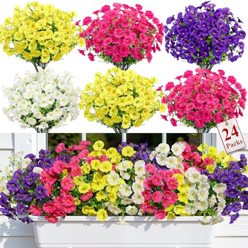 Alupssuc 24 Bundles Artificial Flowers for Outdoors Faux Spring Flowers for Decoration UV Resistant Silk Morning Glory with Eucalyptus Realistic Fake Flowers for Yard Planter Porch Garden 4 Colors - Image 1