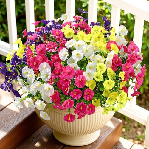 Alupssuc 24 Bundles Artificial Flowers for Outdoors Faux Spring Flowers for Decoration UV Resistant Silk Morning Glory with Eucalyptus Realistic Fake Flowers for Yard Planter Porch Garden 4 Colors - Image 3