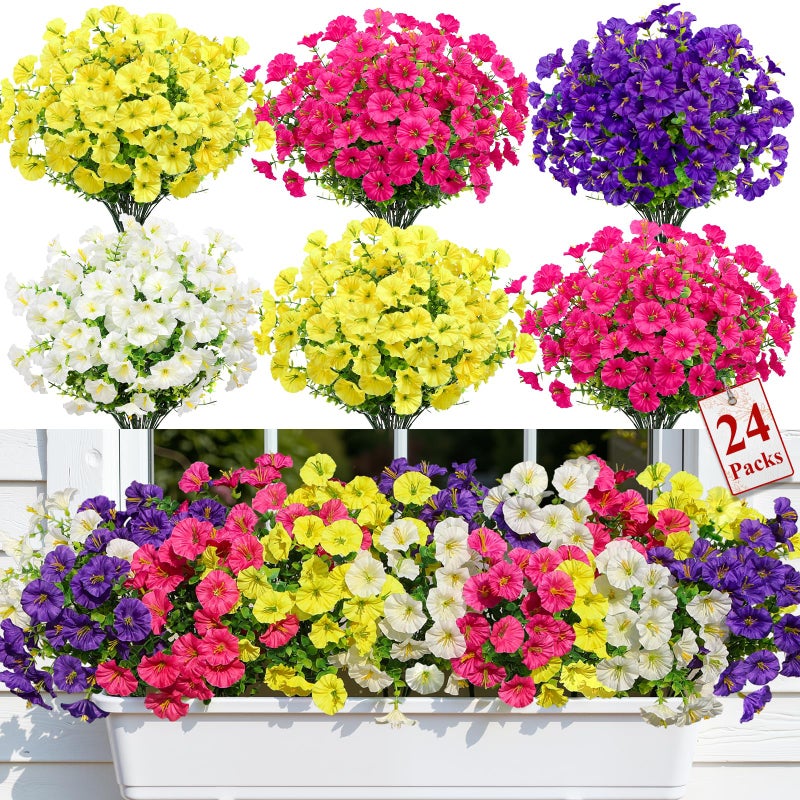 Alupssuc 24 Bundles Artificial Flowers for Outdoors Faux Spring Flowers for Decoration UV Resistant Silk Morning Glory with Eucalyptus Realistic Fake Flowers for Yard Planter Porch Garden 4 Colors - Image 2