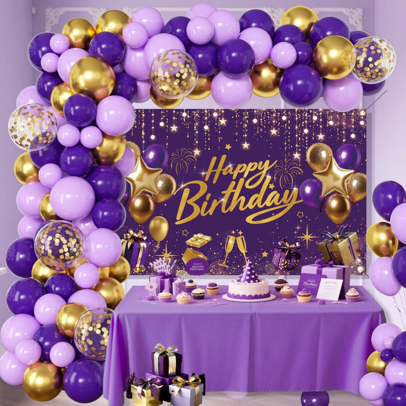 jenlion Purple and Gold Birthday Decorations for Women,Party Supplies with Happy Birthday Backdrop,Balloon Garland Arch Kit For Girls - Image 1