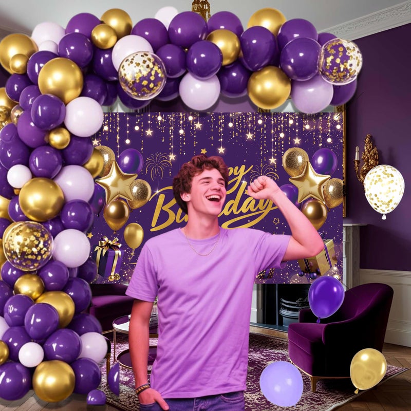 jenlion Purple and Gold Birthday Decorations for Women,Party Supplies with Happy Birthday Backdrop,Balloon Garland Arch Kit For Girls - Image 5