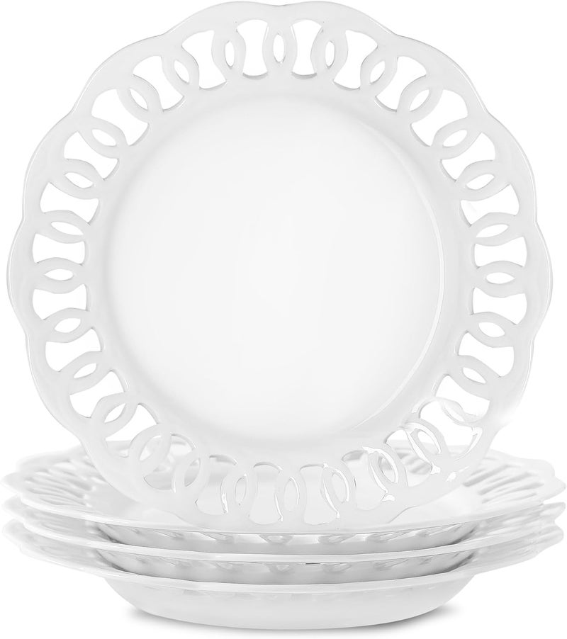 fMBB 4 Pack 10 Dinner Serving Plates with Lace Rim New Bone Porcelain Round Tableware Plates with Unique Hollow Out Design Scolloped Edge White Dishes for Daily Use or as an Excellent Plate Idea - Image 1