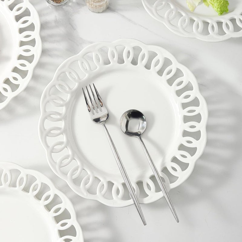 fMBB 4 Pack 10 Dinner Serving Plates with Lace Rim New Bone Porcelain Round Tableware Plates with Unique Hollow Out Design Scolloped Edge White Dishes for Daily Use or as an Excellent Plate Idea - Image 5