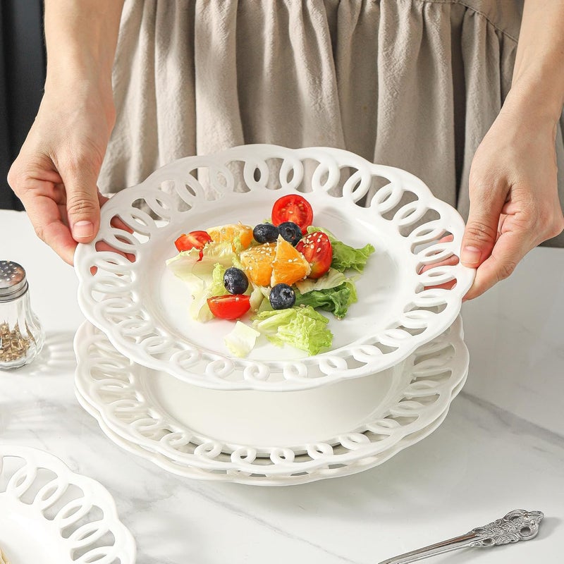 fMBB 4 Pack 10 Dinner Serving Plates with Lace Rim New Bone Porcelain Round Tableware Plates with Unique Hollow Out Design Scolloped Edge White Dishes for Daily Use or as an Excellent Plate Idea - Image 3